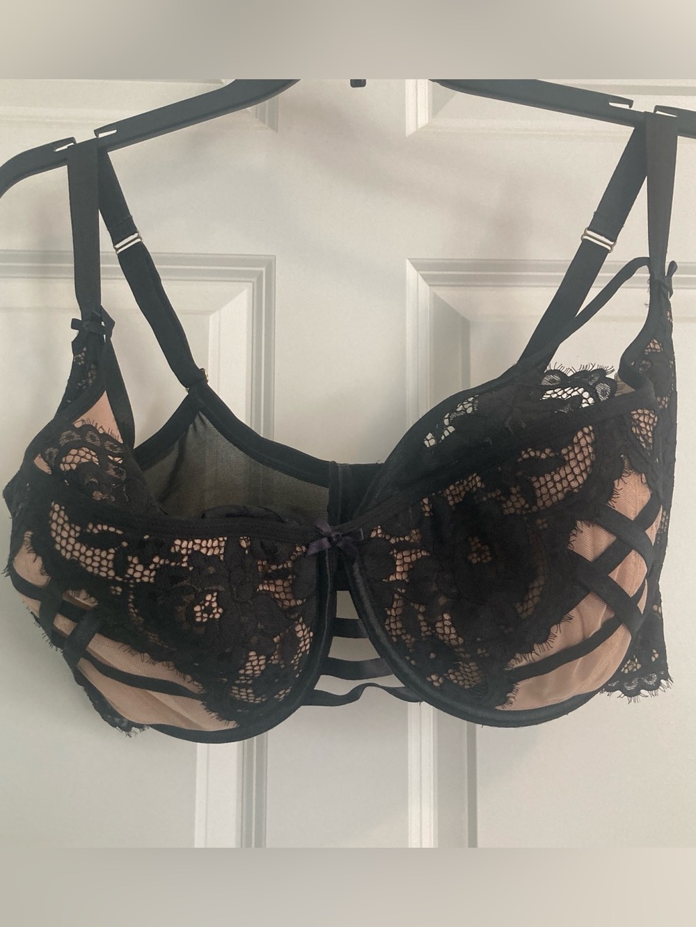 Cacique Black Lace Bra with Nude Underlay and Strappy Accents